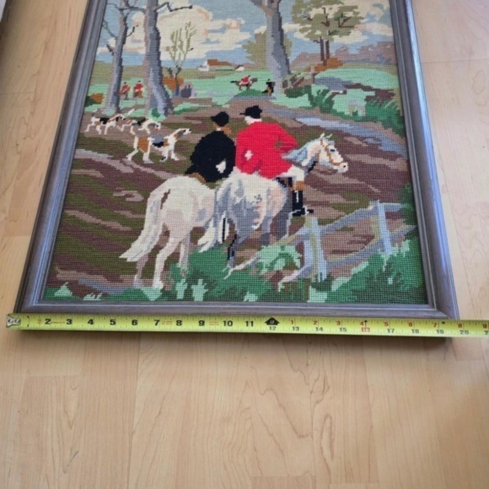 Vintage Framed Needlepoint Fox Hunt Equestrian Scene Wall Art Tapestry Decor - Picture 11 of 13